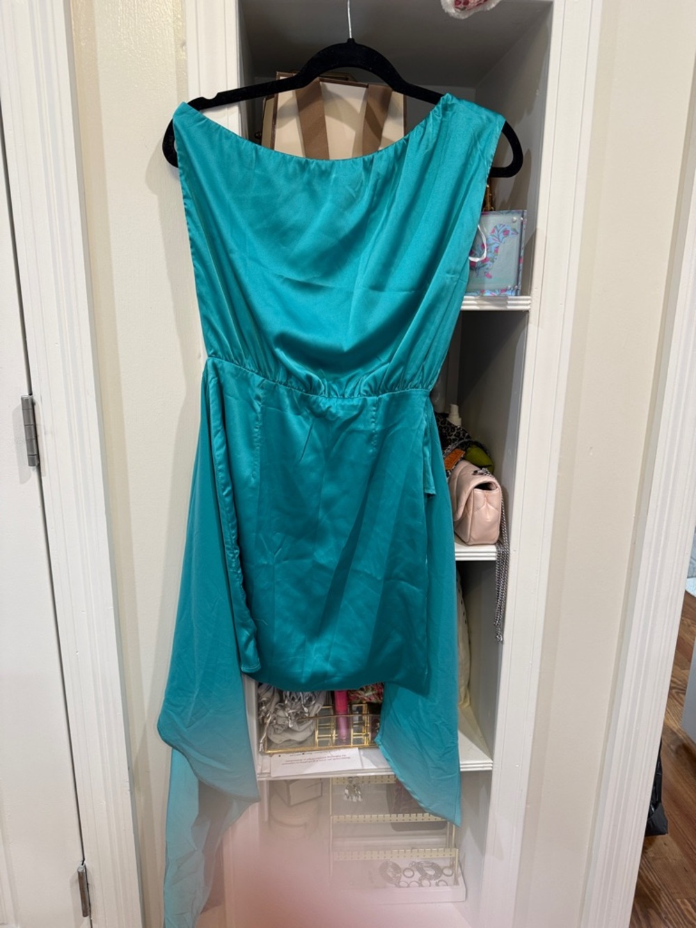 Teal High-Low Satin Dress